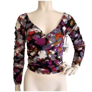 OPEN EDIT Top NWT Black Floral Surplice Faux Wrap Ruched Long Sleeve Size S